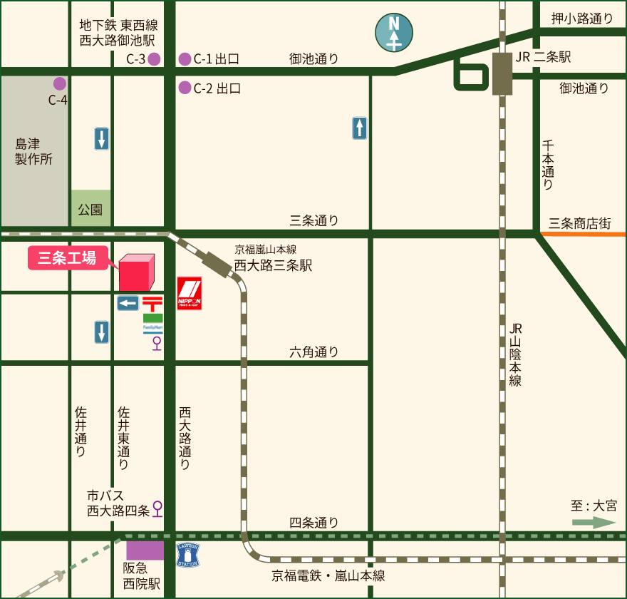 八木厨房・三条工場地図